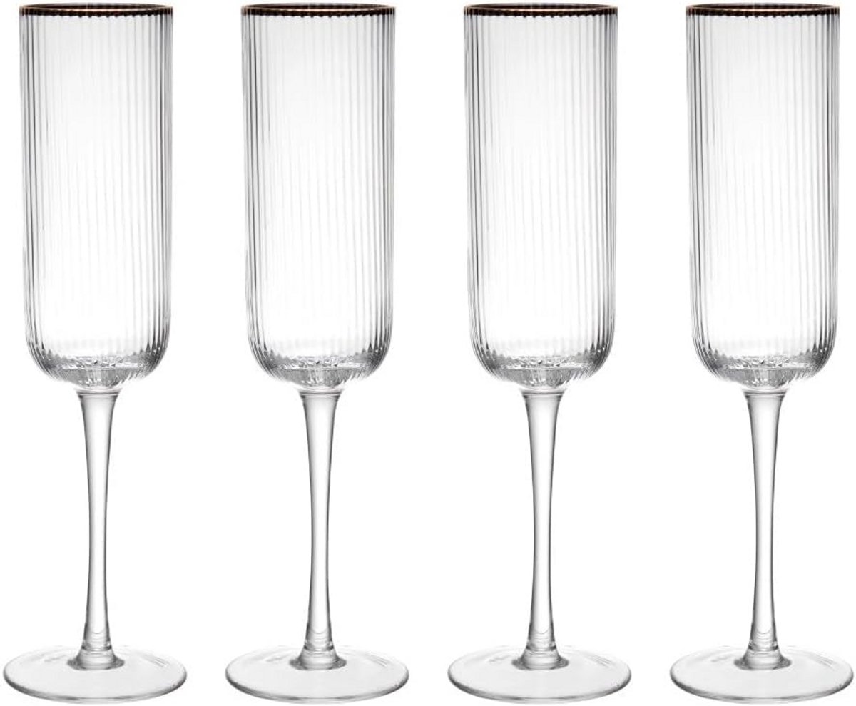 Geribbelde Champagneglazen met Gouden Rand - Set van 4 - 200 ml
