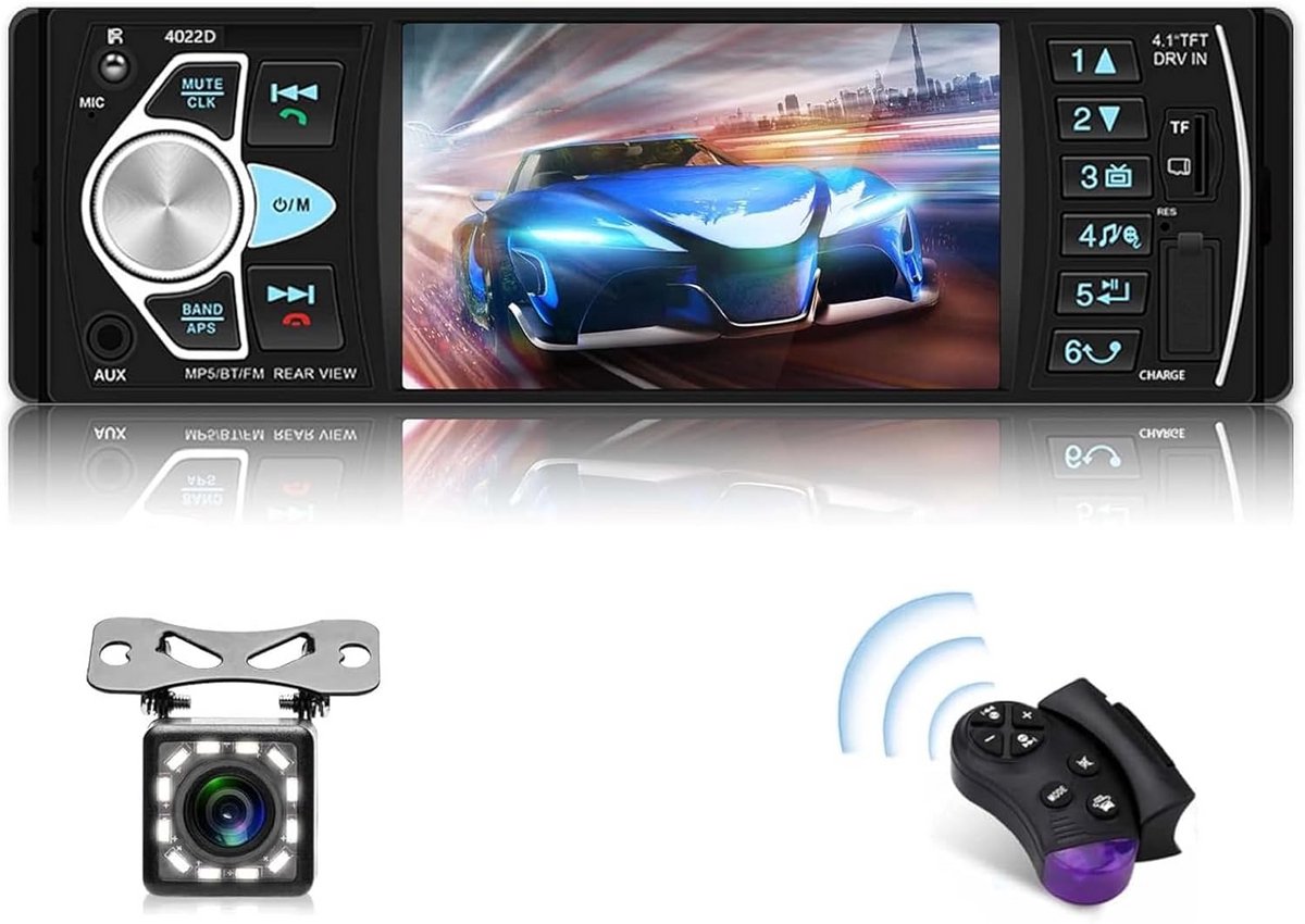 Autoradio met Bluetooth 4.0, 4,1 inch HD-display, Achteruitrijcamera en Stuurbediening