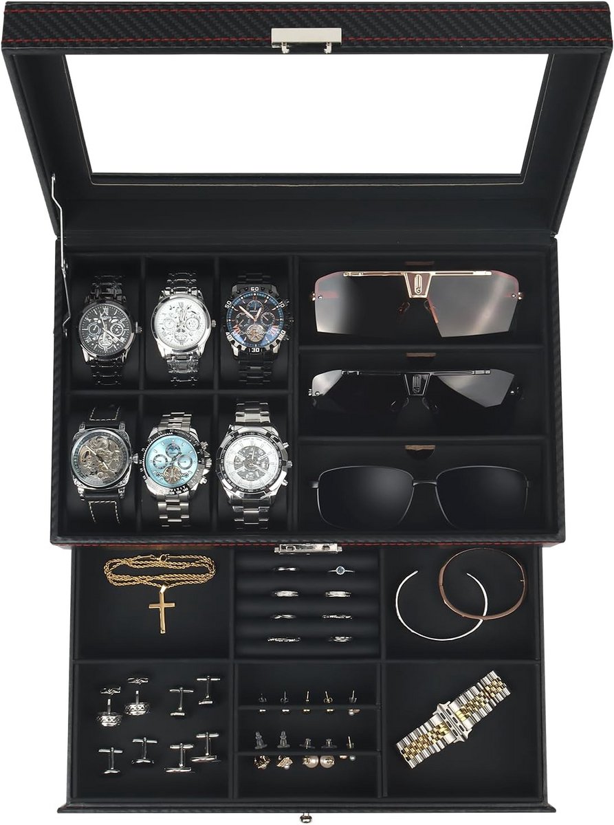 Horloge en Sieradendoos Organizer met 6 Slots en Glazen Deksel - Duurzaam en Luxueus