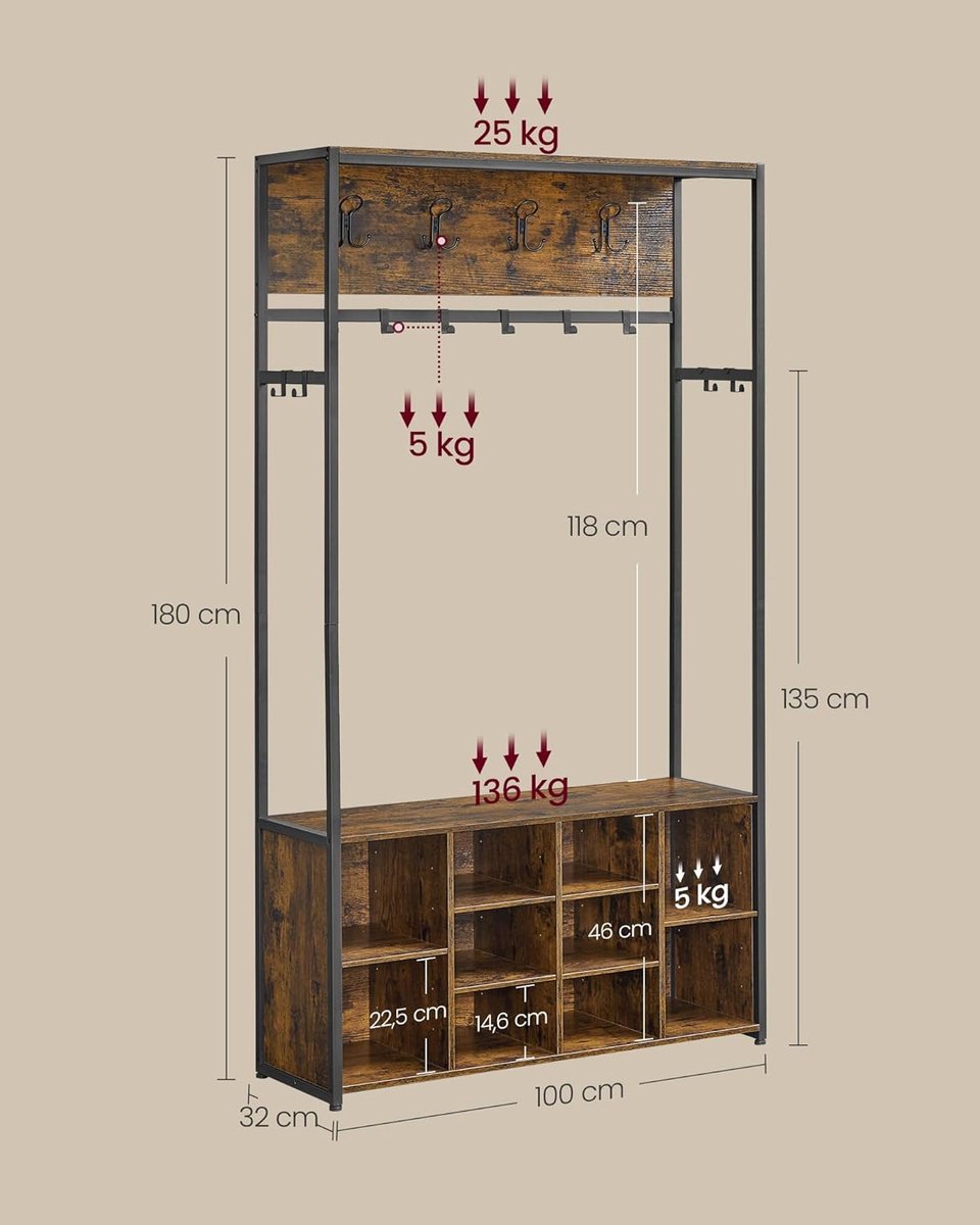 Kapstok - Kapstok Groot - Kledingrek - Garderobekast - Schoenenkast - Schoenenrek - Zitbank - Hout/Metaal - Gang - Hal - 32x100x180CM - Verstelbare planken – foto 3