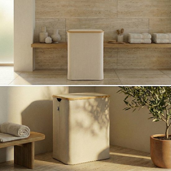 Alles & Co. XXL Wasmand 141 Liter - 3 Vakken Wassorteerder - Met Uitneembare Waszakken - Bamboe & Beige