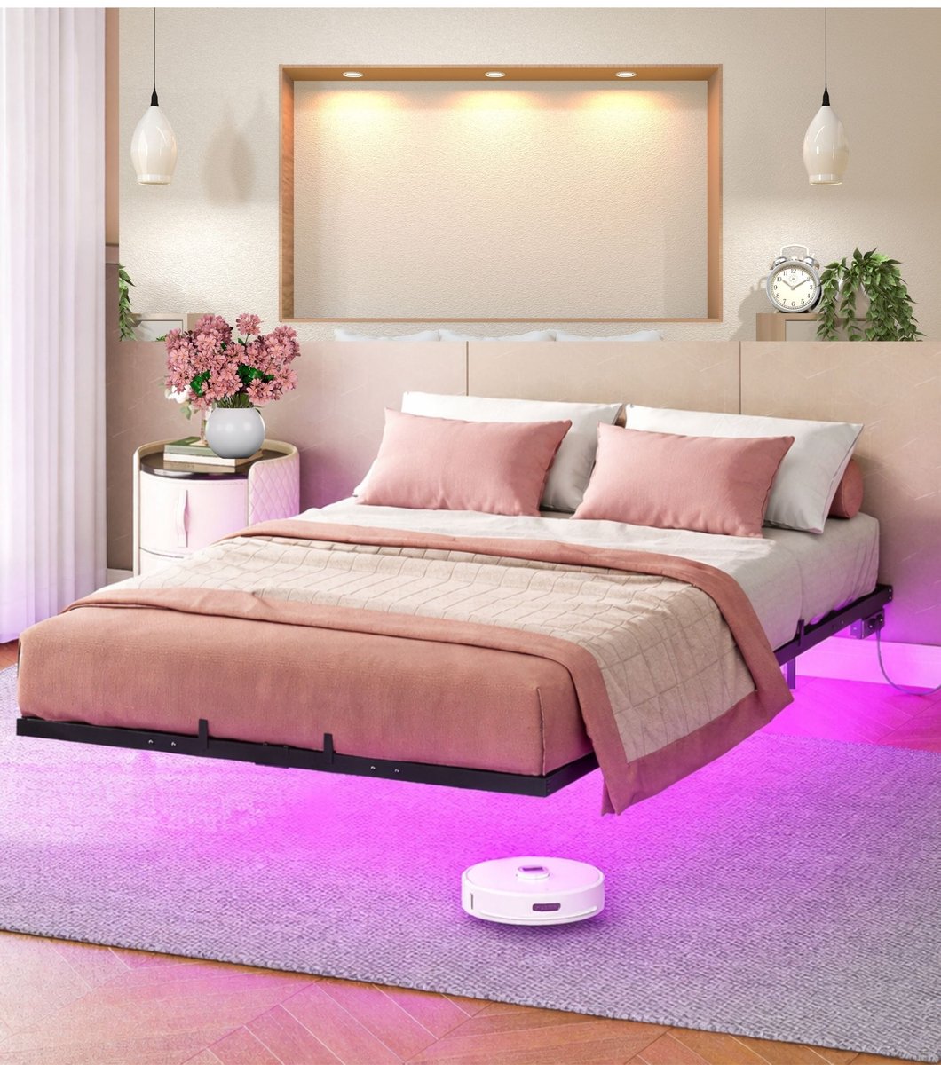 Bedframe 140 x 200 cm - bed met ledverlichting en oplaadstation - metalen tweepersoonsbed met opbergruimte - metalen frame - stevige constructie - zwart