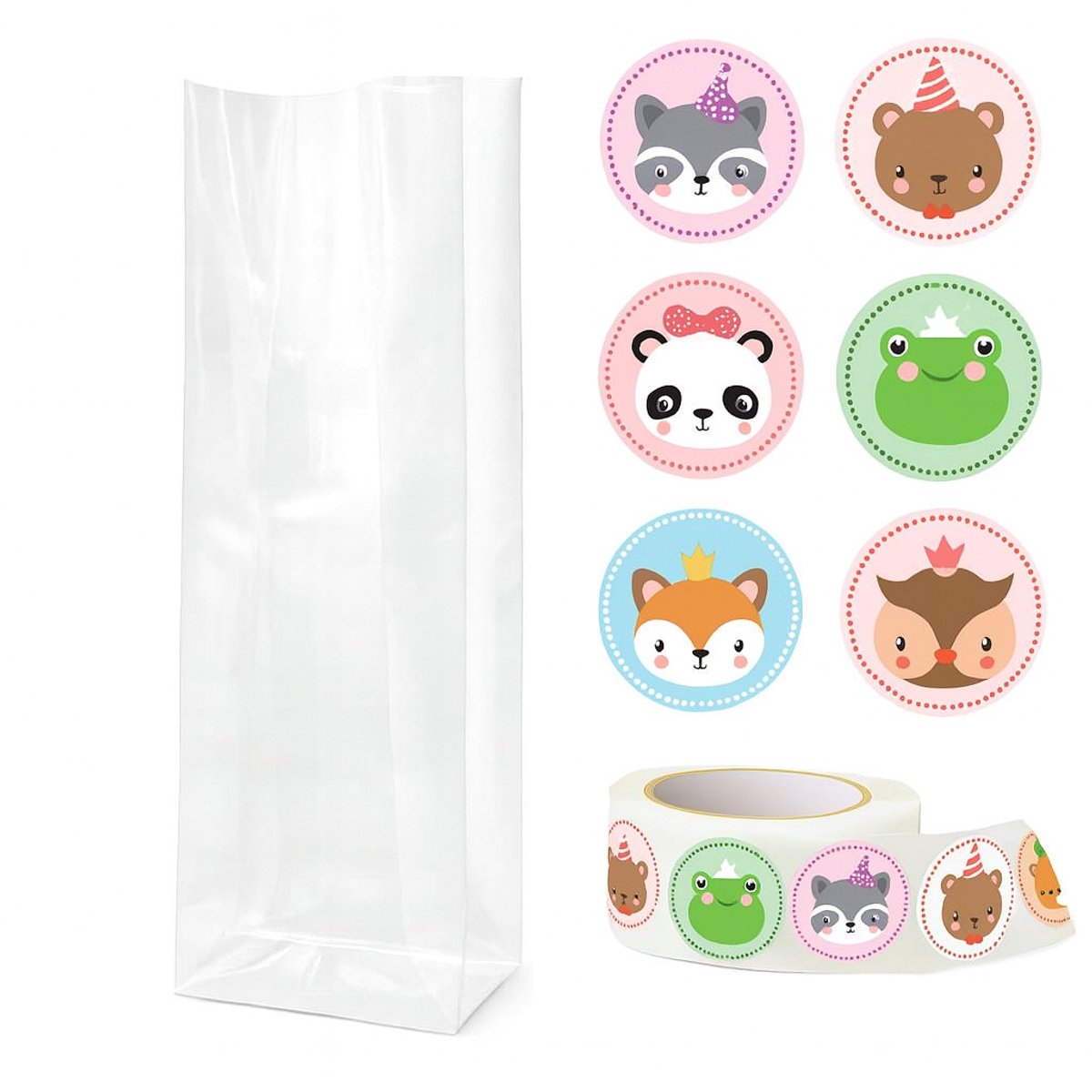 25x Uitdeelzakjes met dierenstickers | Blokbodem | 60 x 50 x 200 mm | Traktatiezakjes | Kinderfeestje | Cellofaanzakjes | Cadeauzakjes | Snoepzakjes | Uitdeelzakjes kinderen | Cadeauzakjes Kinderen | Verpakkingszakjes Uitdeelcadeaus |