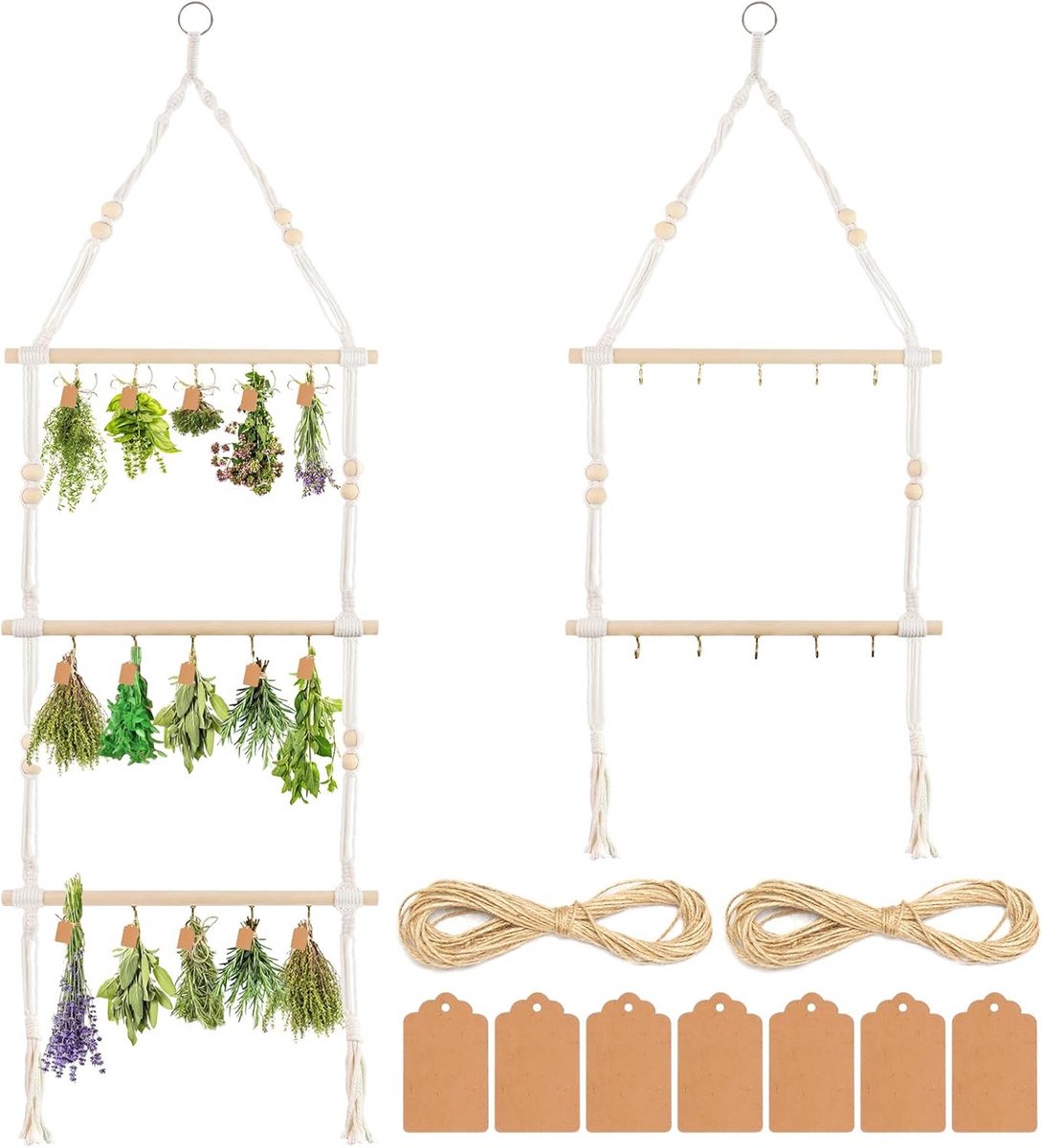 Kruiden Droogrek Set met Gift Tags en Natuurlijke Jute Touw voor Bloemen en Kruiden Droger (2 en 3 Tier)