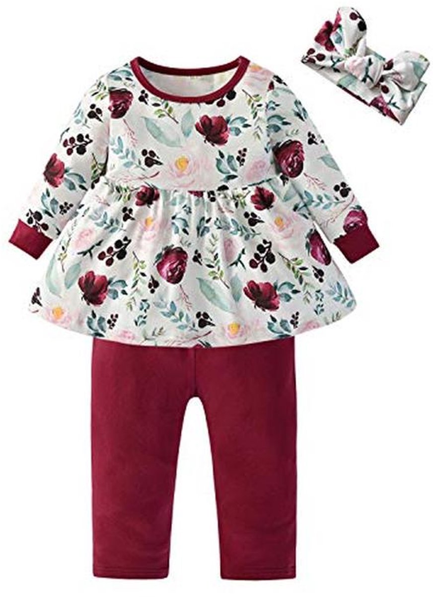 Baby Meisje Kleding Set met Ruche en Bloemen - Outfit voor 12-18 maanden