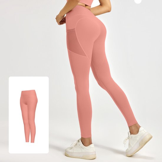 Lichtroze, nauwsluitende sportlegging met mesh-zijzakken en een kleinere weergave van de volledige legging.