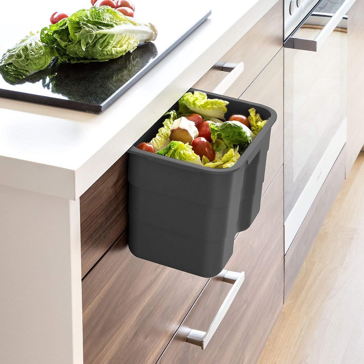 Multifunctionele opbergdoos met deksel - 4,2 liter, Vaatwasserbestendig, Voor Biologisch Afval, Maat: 170 x 227 x 172 mm, Antraciet