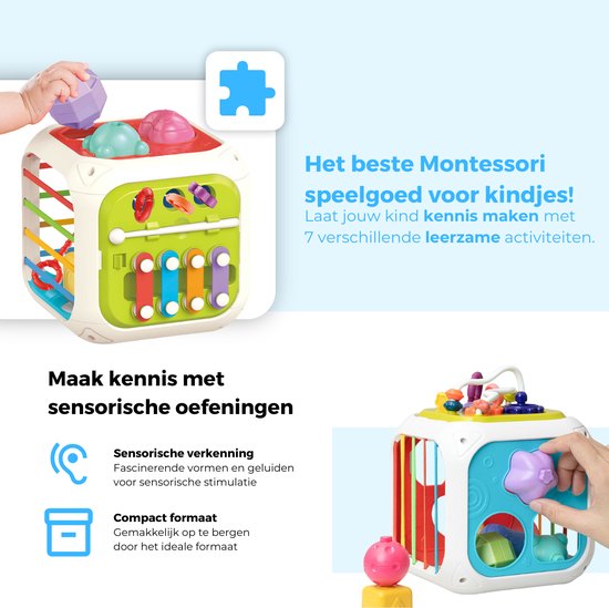 Mauzek® Montessori Activiteiten Kubus 7 in 1 - Montessori Speelgoed - Kinderspeelgoed - Vormenstoof - Blokkendoos - Speelkubus - Sensorisch Speelgoed - Educatief Speelgoed - Motorisch Speelgoed - Peuter Speelgoed - Speelgoed voor onderweg- +1,5 jaar van Mauzek — afbeelding 2