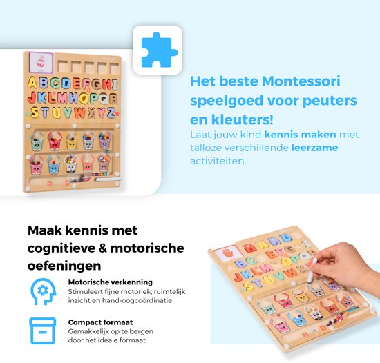 Houten alfabetpuzzel met mandjes voor balletjes en blokjes. Een kind speelt ermee.