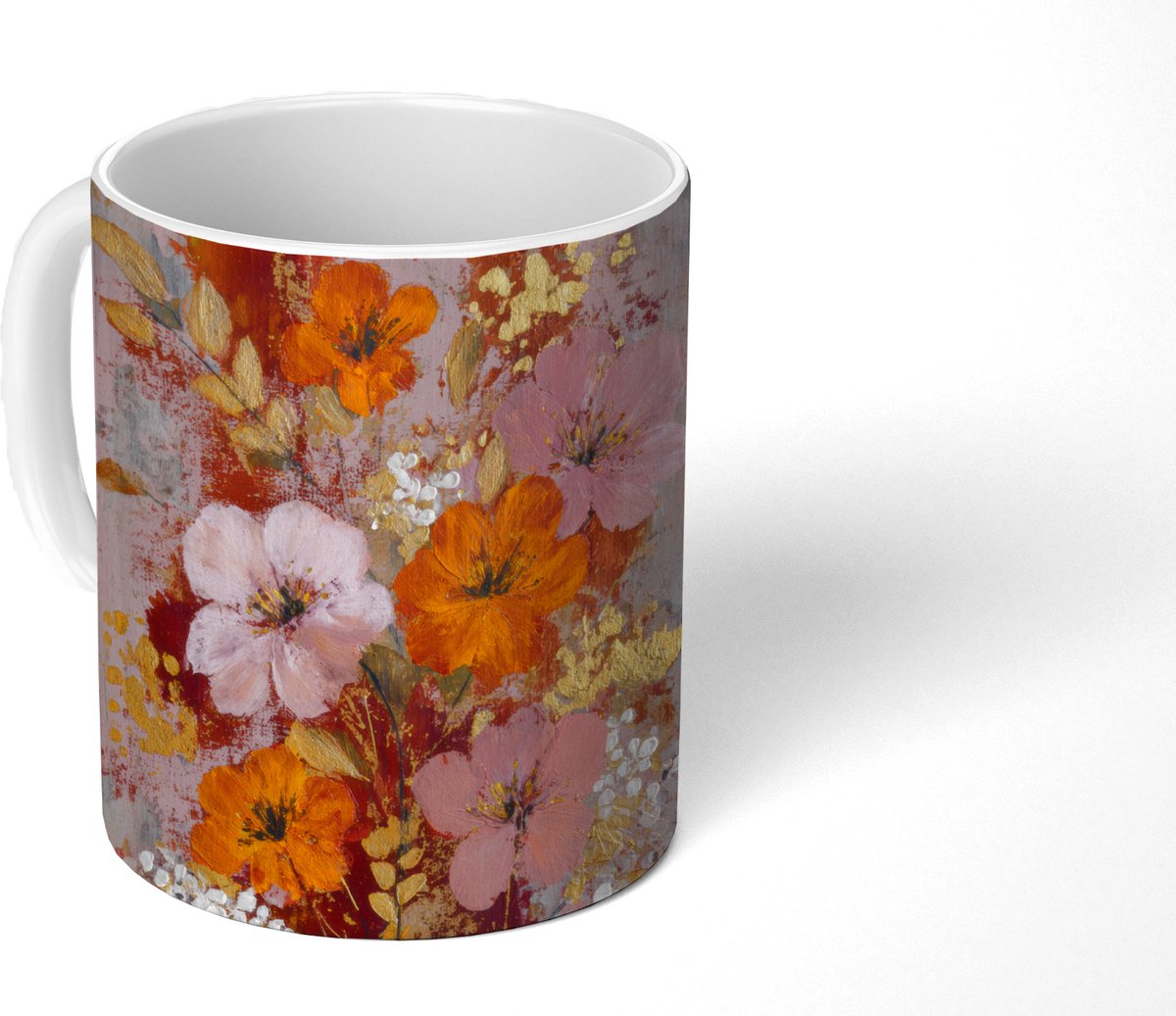 Mok - Koffiemok - Schilderij - Bloemen - Rustiek - Roze - Mokken - 350 ML - Beker - Koffiemokken - Theemok