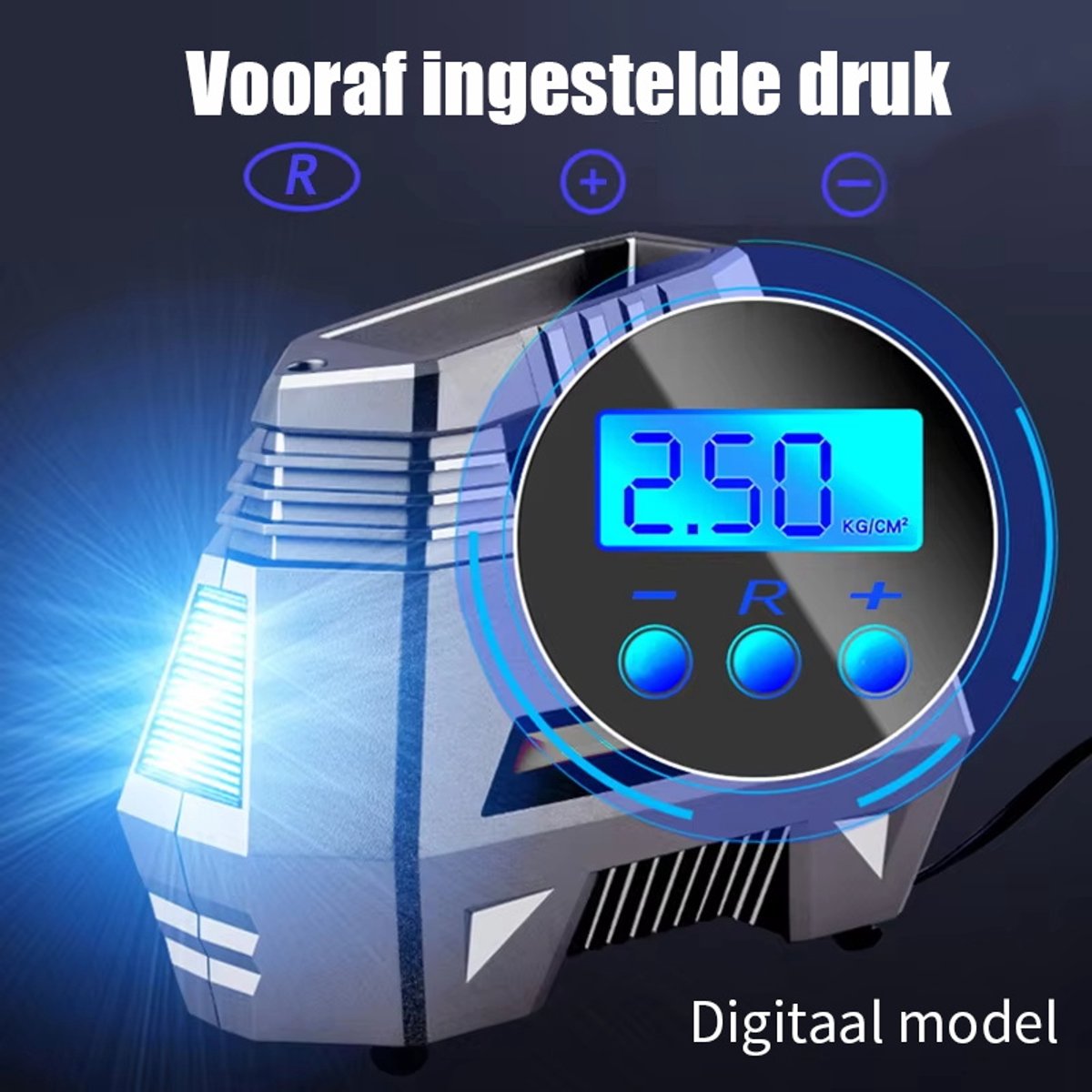 Draagbare Bandenpomp 12V - Luchtpomp - Autopomp - Lucht Compressor - Elektrisch - Voor Auto & Motor - Digitaal Scherm - 150PSI - heldere noodzaklamp - Sinterklaas cadeau auto thumbnail 2