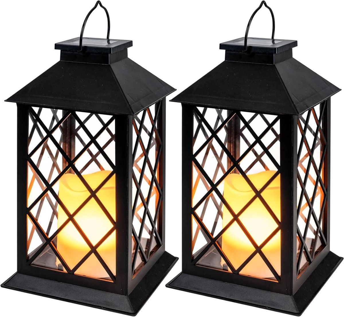2-Pack Zonne Lantaarns Buiten - Waterdichte Hangende Lantaarn met Flikkerende LED Kaars -