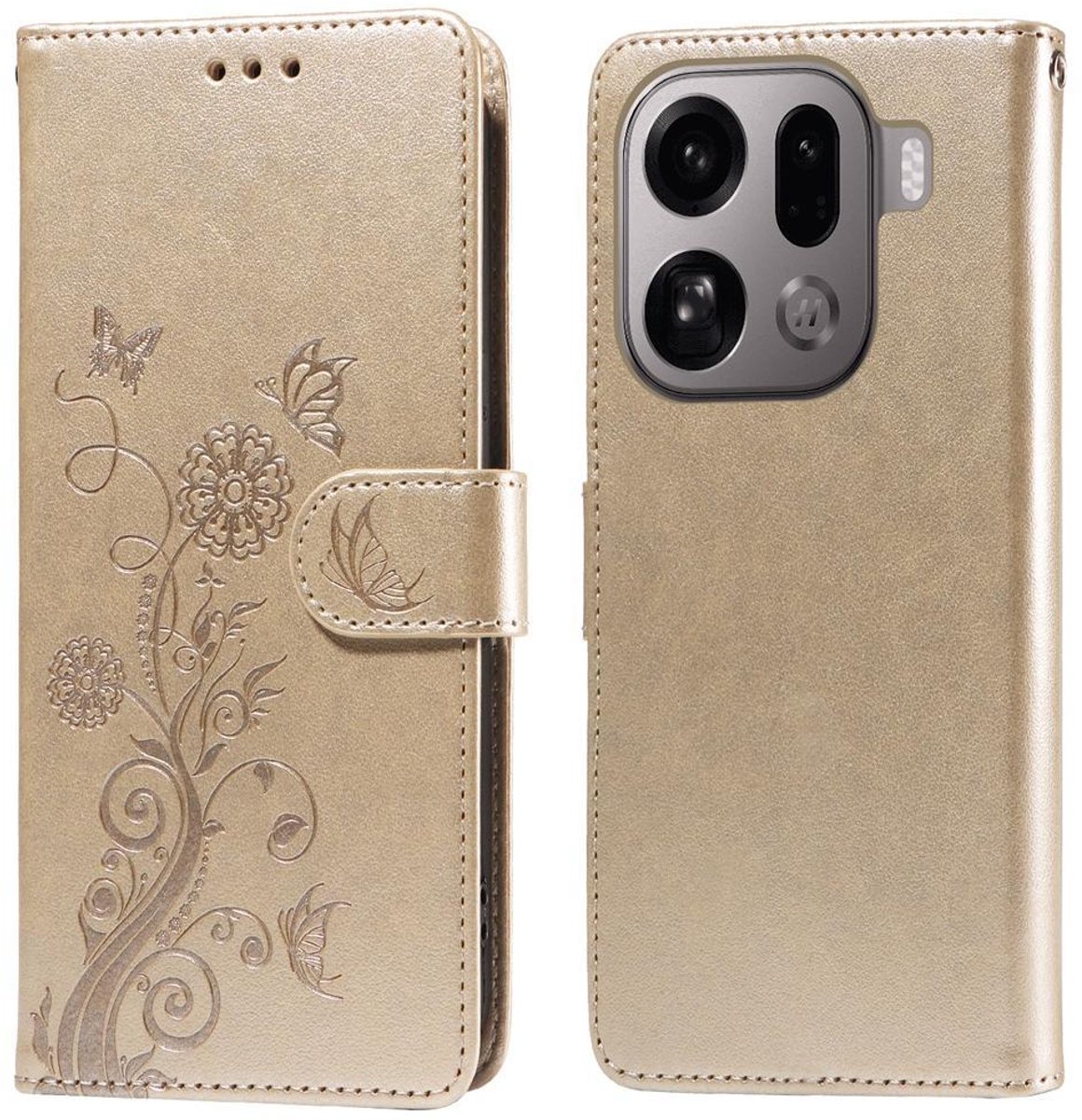 Mobigear Telefoonhoesje geschikt voor OPPO Find X9 Pro Hoesje | Mobigear Flowers Bookcase Portemonnee | Pasjeshouder voor 3 Pasjes | Telefoonhoesje voor Pinpas / OV Kaart / Rijbewijs - Goud