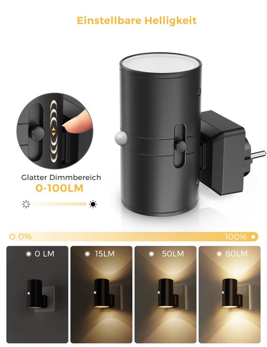 Nachlicht - Wandcontactdoos Nachtlamp - Dimbare Nachtverlichting - Automatische Aan-Uit Sensor - Vintage Cylinder Design - Warm Wit LED - Slaapkamer Hal Trap Badkamer Kinderkamer - Europese standaardstekker van JINTEN — afbeelding 4