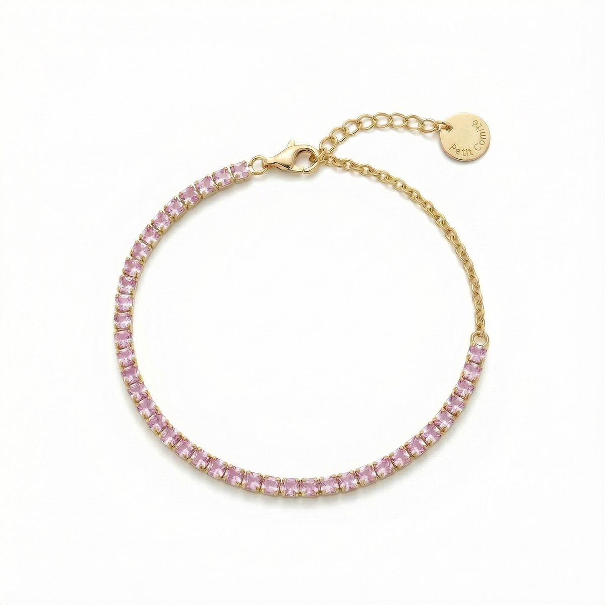 Petit Comité - Armband Dames Goudkleurig Tennis Bracelet - Geboortesteen Oktober Rozenkwarts - 925 Sterling Zilver - 18k Gold Plated