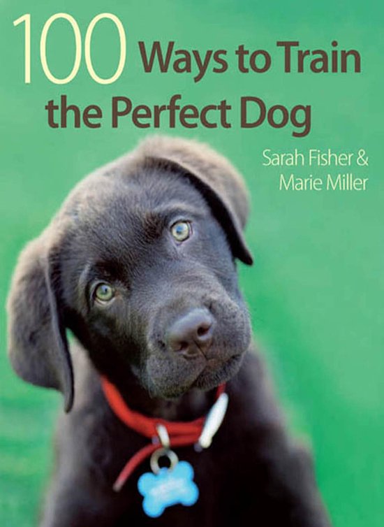 Boek "100 Ways to Train the Perfect Dog" met een donkerbruine puppy met een rode halsband.