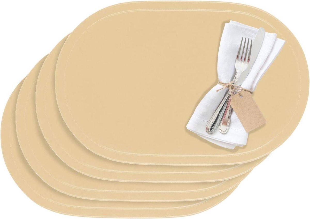 Set van 4 Ovale Vinyl Placemats Beige - Hitte- en Krasbestendige Tafelbeschermers