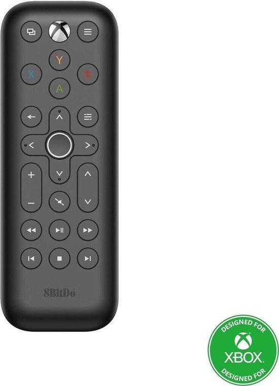 Zwarte 8BitDo Xbox mediaknop met alle knoppen zichtbaar en "Designed for Xbox" logo