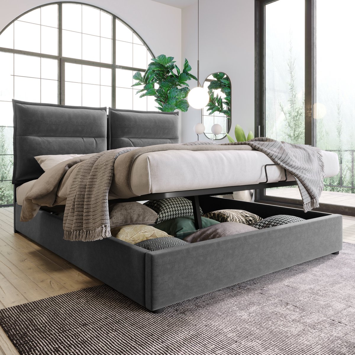 OKWISH Gestoffeerd Bed 140x200 cm - Hydraulisch Opbergbed met Verstelbaar Hoofdeinde ±6cm - Grote Opbergruimte - Slaapkamer - Fluweel - Grijs - zonder matras