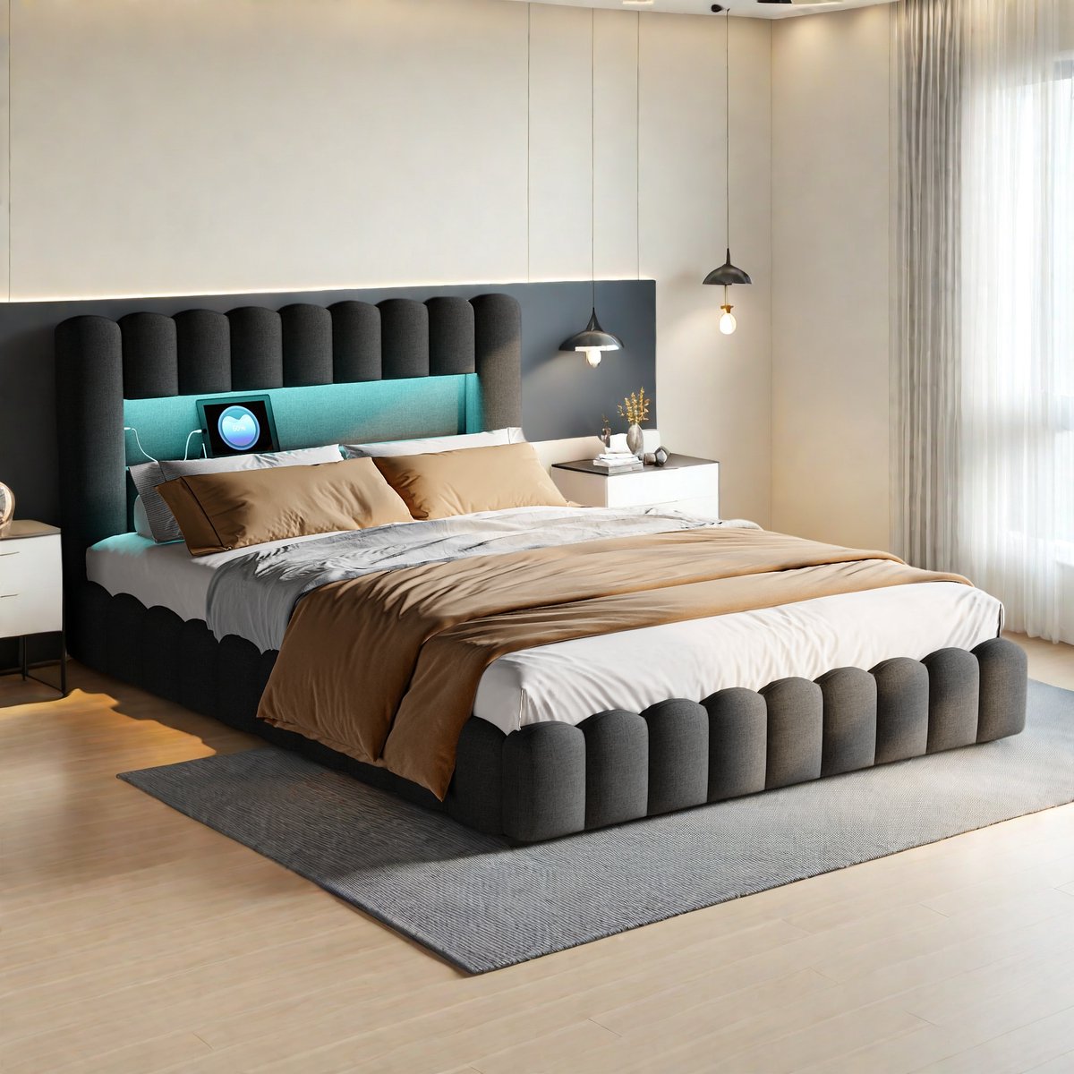 SHOPENTRA Opbergbed 160x200 cm met LED Hoofdbord en USB Poort - afbeelding 3