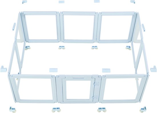 Blauw, modulair puppyhok met glazen panelen en deur, op witte achtergrond.