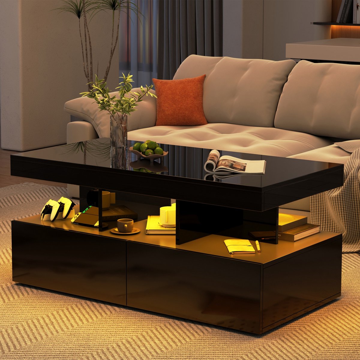 Moderne hoogglans salontafel met ledverlichting en 2 lades - Stijlvolle bijzettafel van 104 x 53 x 46 cm met opbergruimte, rechthoekige salontafel, moderne woonkamertafel, zwart, salontafel voor de woonkamer