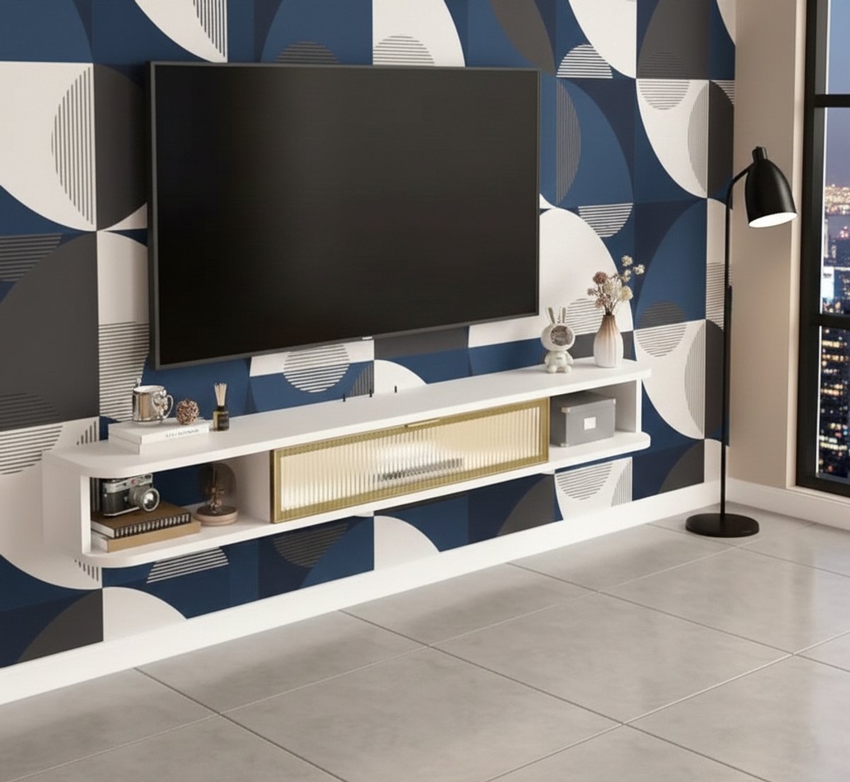 Zwevend TV Meubel Wandmontage 200 cm – Moderne Floating TV Kast met Schuifdeur & Open Vakken – Media TV Console met Opbergruimte – Wit/Goud Hoogglans – House&Garden