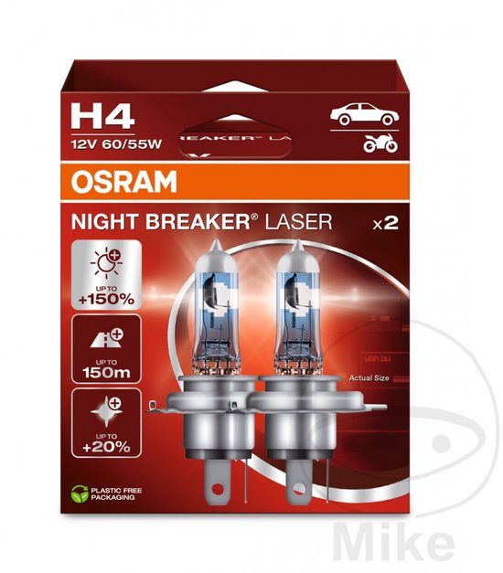 OSRAM Night Breaker Laser - H4 halogeen autolampen – tot 150% meer licht en 150m zicht - 64193NL-2HB - Duitse kwaliteit - set 2 lampen