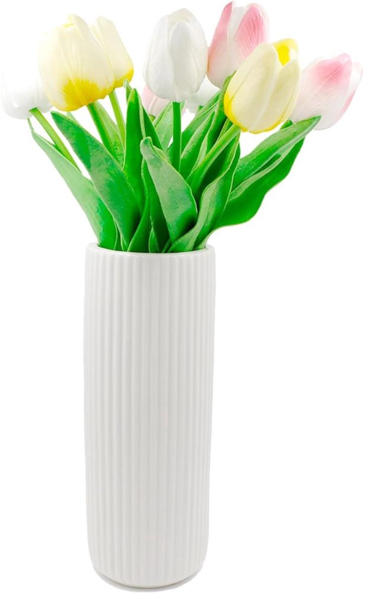 Famanu Keramische vaas wit 20 cm, geglazuurde geribbelde bloemenvaas voor pampasgras en boho decoratie