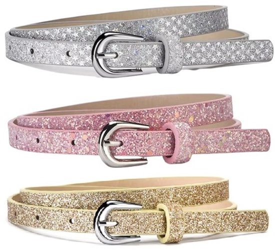 Trois fines ceintures pour enfants à paillettes roses, dorées et argentées, chacune avec une boucle argentée.
