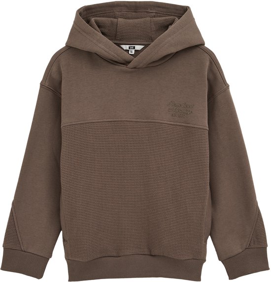 Bruine hoodie met geborduurd logo en wafeltextuur op de mouwen en het middenpaneel.
