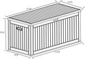 Afmetingen van een zwarte tuinopbergbox: 177cm lang, 82cm breed, 83cm hoog. L174cm, B79cm, H83cm.
