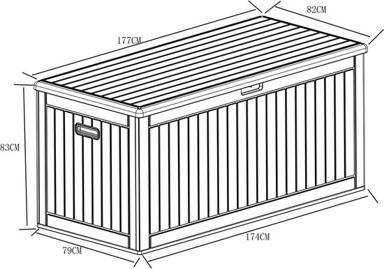 Afmetingen van een zwarte tuinopbergbox: 177cm lang, 82cm breed, 83cm hoog. L174cm, B79cm, H83cm.