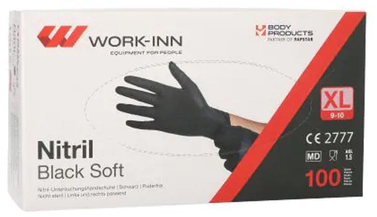 10x 100 WORK-INN/PS Handschoenen Nitril poedervrij Black Soft zwart Maat: XL