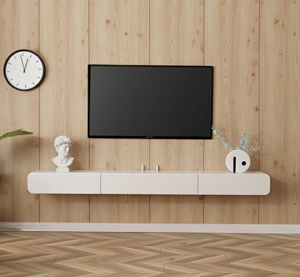 Zwevend TV Meubel Wandmontage 120 cm – Hoogglans Floating TV Kast met Opbergruimte & Kabelmanagement – Moderne Media Console voor Woonkamer – Wit – House&Garden