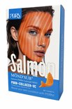 Een Mond'sub zalm PDRN hydrogelmasker verpakking met een vrouw met een oranje gestreept masker, en tekst over PDRN+COLLAGEEN+VC.