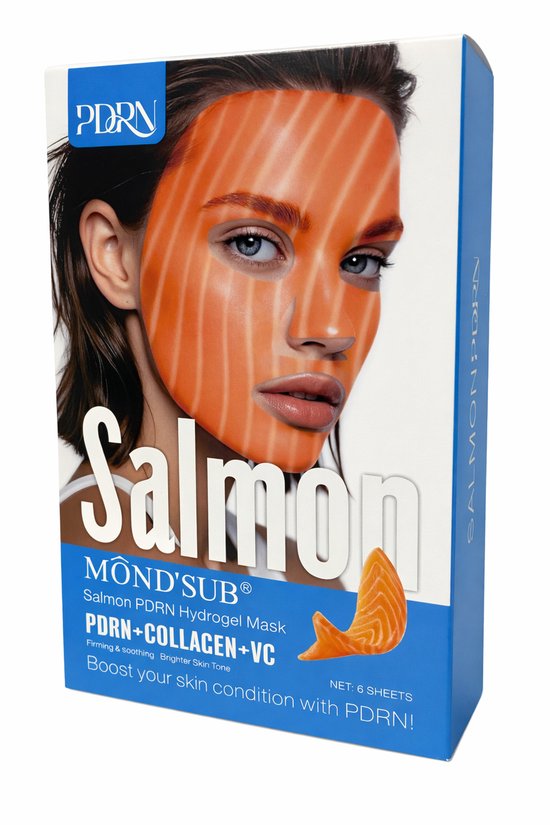 Een Mond'sub zalm PDRN hydrogelmasker verpakking met een vrouw met een oranje gestreept masker, en tekst over PDRN+COLLAGEEN+VC.