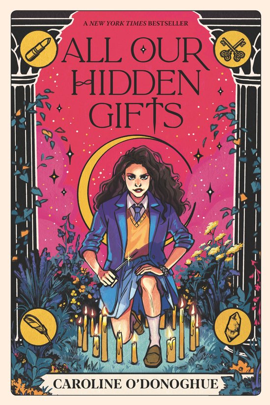 Boekomslag van "All Our Hidden Gifts" met een meisje dat knielt tussen kaarsen, omringd door planten en symbolen zoals een balsem en sleutels. Rode achtergrond met gouden sterren.