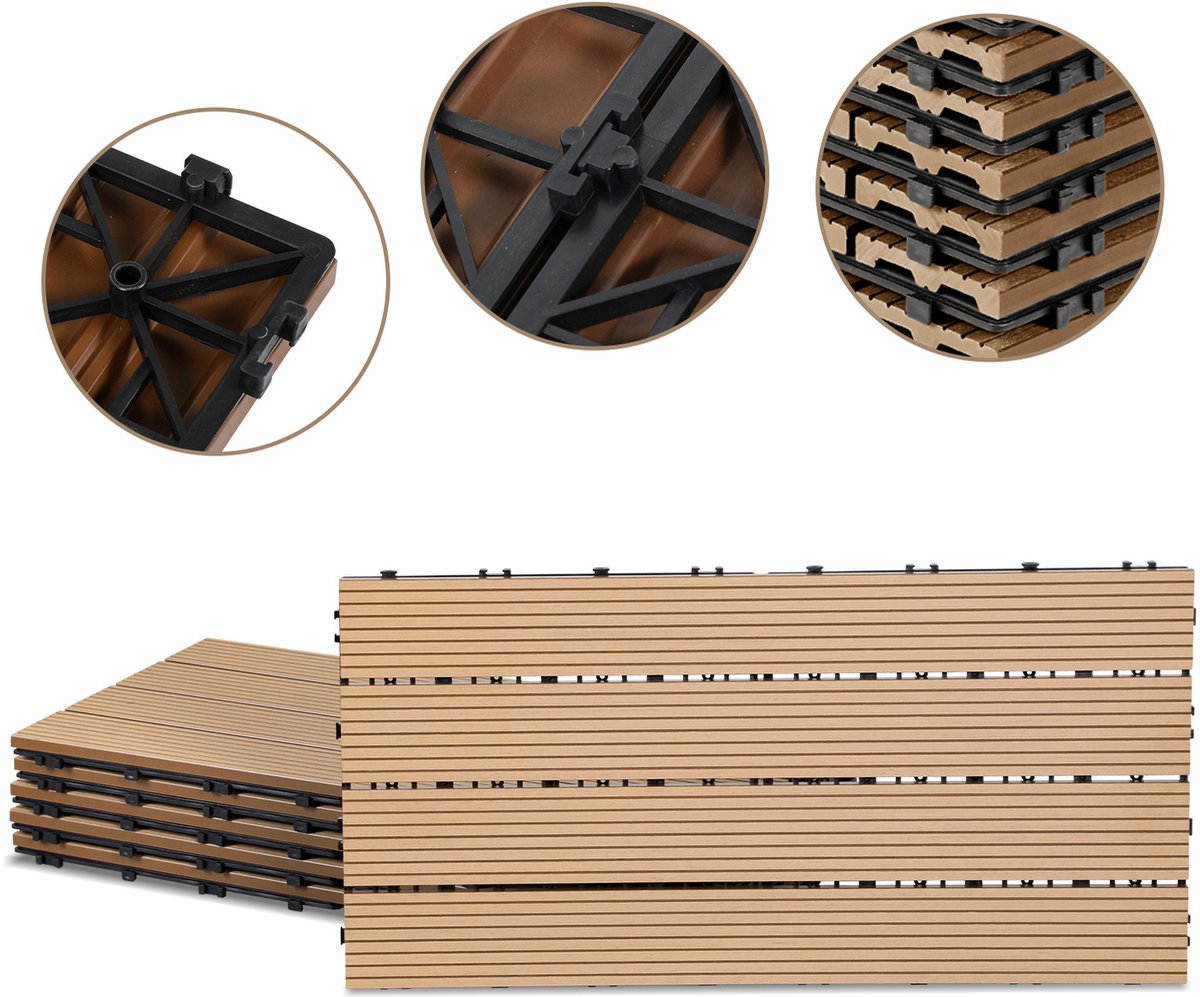 Set van 42 WPC-terrastegels, 4 latten, 30 × 60 cm, kliksysteem, hout-kunststofcomposiet in teaklook