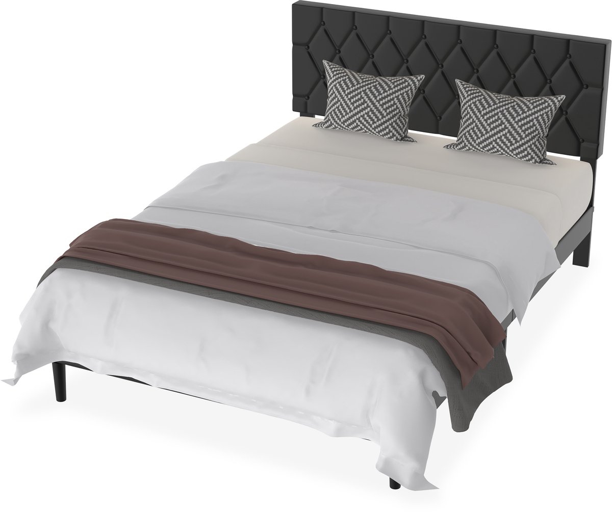 Aufun Modern Bedframe met Lederen Hoofdeinde – 140x200cm (Leder Zwart) – Houten Lattenbodem | 300kg Max Draagvermogen – Voor Slaapkamer/Gastenkamer