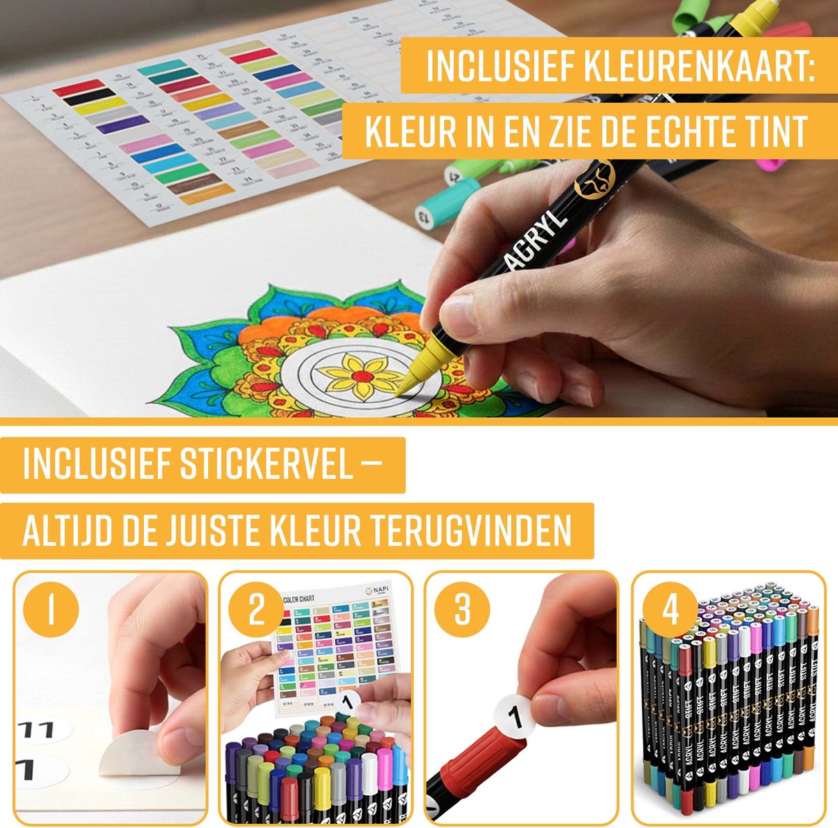 Napi Acrylstiften 24st - Brush en Fine Tip Twinmarkers - Verfstiften Happy Stones - Stenen Schilderen met Acryl Verf Marker Stiften - Volwassenen en Kinderen - Incl. 2 Mandala Sjablonen — afbeelding 4