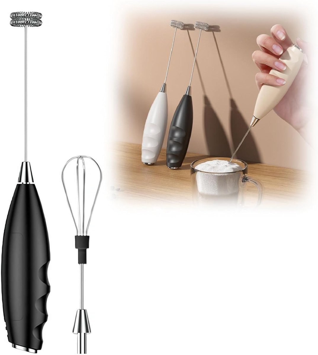 Melkschuimer - Drankenmixer - Dubbele kop - 3,6 x 22,5 cm - Elektrische handmixer - Snelle handmixer - Roestvrij staal - Ergonomisch ontwerp - Zwart