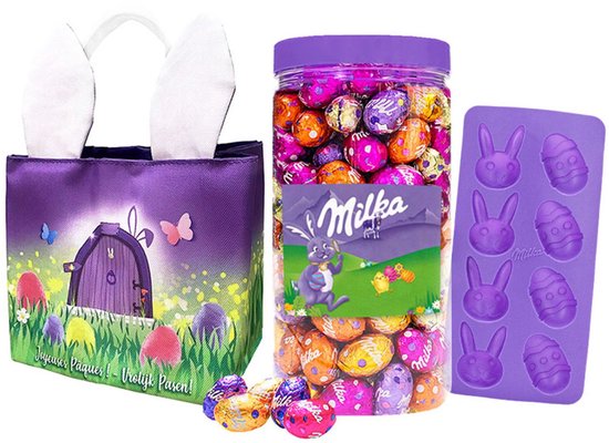 Milka paaseitjes - 5 smaken - met exclusief paasmandje en siliconen chocolade bakvorm om zelf chocoladefiguren te maken - chocolade voor Pasen - 850g