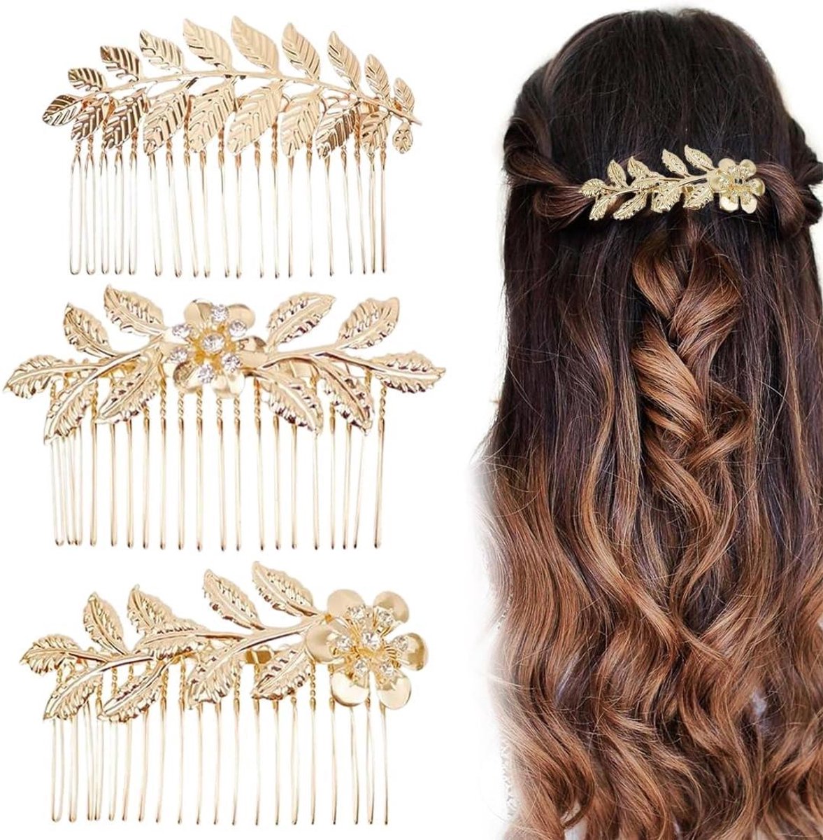 Set van 3 elegante haaraccessoires met gouden parels en strass, voor vrouwen.