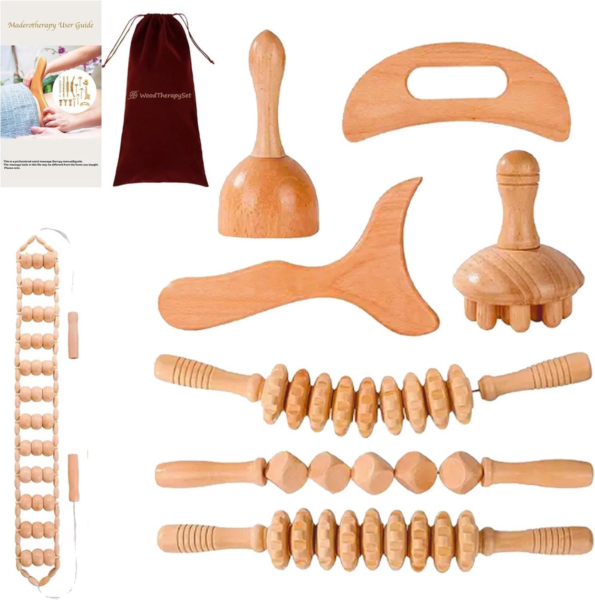 8-in-1 houten massageset voor maderotherapie, lymfedrainage en anti-cellulitis