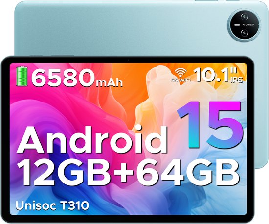 DOOGEE TAB A9 - Tablet - Android 15 - 12GB RAM + 64GB ROM（2TB/TF） - 10 Inch - 6580 mAh - 5G WiFi - Tablet Unisoc T310 - Dubbele Luidspreker - 3,5 mm aansluiting - Face ID - Blauw