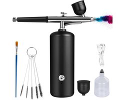Draadloze Airbrush Set met Compressor – Oplaadbare Draagbare Airbrush – Hoge Druk en Fijne Verneveling – Dual Action Bediening – Inclusief Nozzles en Reinigingsborstel – Zwart
