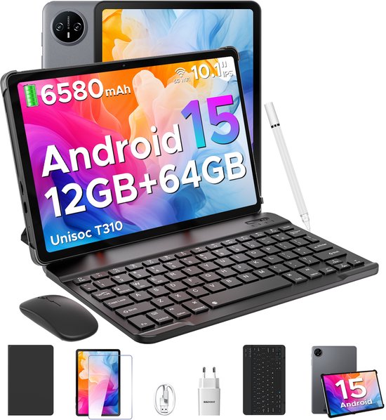 DOOGEE TAB A9 VIP - Tablet - 9 GB RAM + 64 GB ROM (2TB/TF) - 10,1" HD IPS - Android 15 - 6580 mAh - 5G WiFi - Face ID - met toetsenbord en stylus - dubbele luidspreker - Grijs