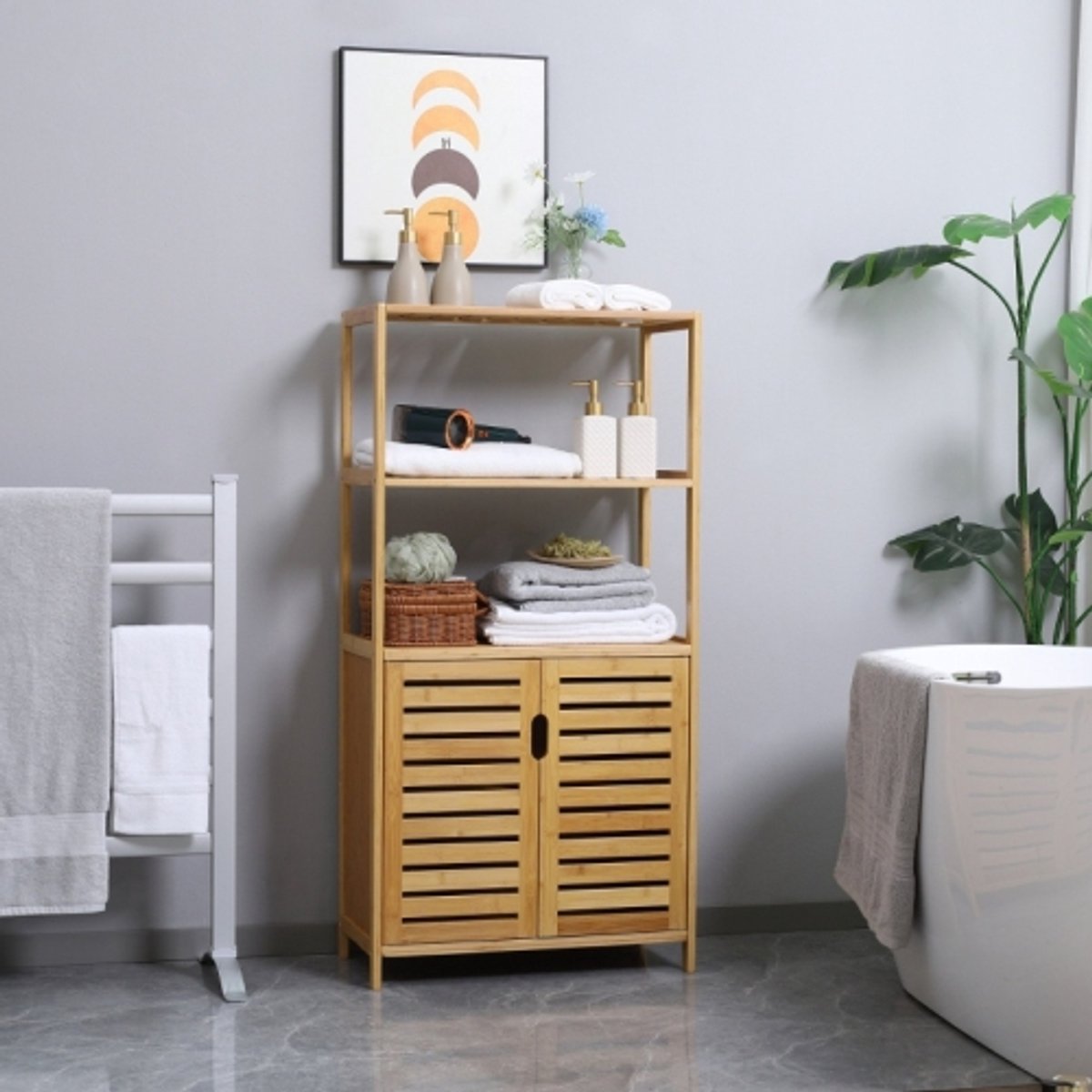 Badkamerkast badkamercommode met lameldeuren badplank bamboehout ladekast Woonkamerkast Voorzien van een anti-kantelriem voor extra veiligheid Het jaloeziedeurontwerp zorgt voor goede ventilatie en voorkomt dat geuren en vuil binnendringen — cadeau in Cadeau-ideeën - foto 4