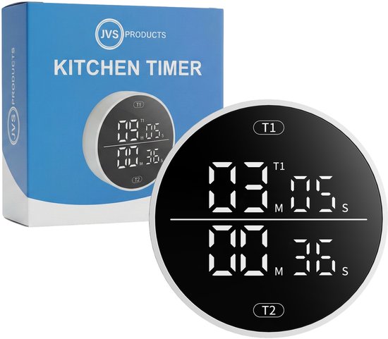 Witte digitale timer met twee displays naast de verpakking met "KITCHEN TIMER" erop.